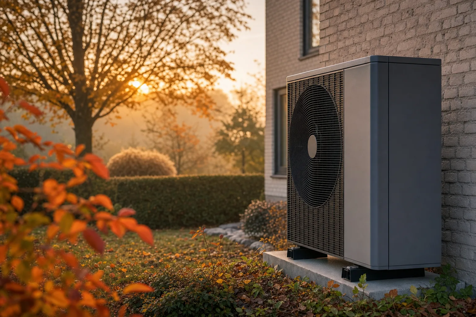 Wärmepumpen-Außeneinheit an einem Wohnhaus im Herbst mit bunten Blättern